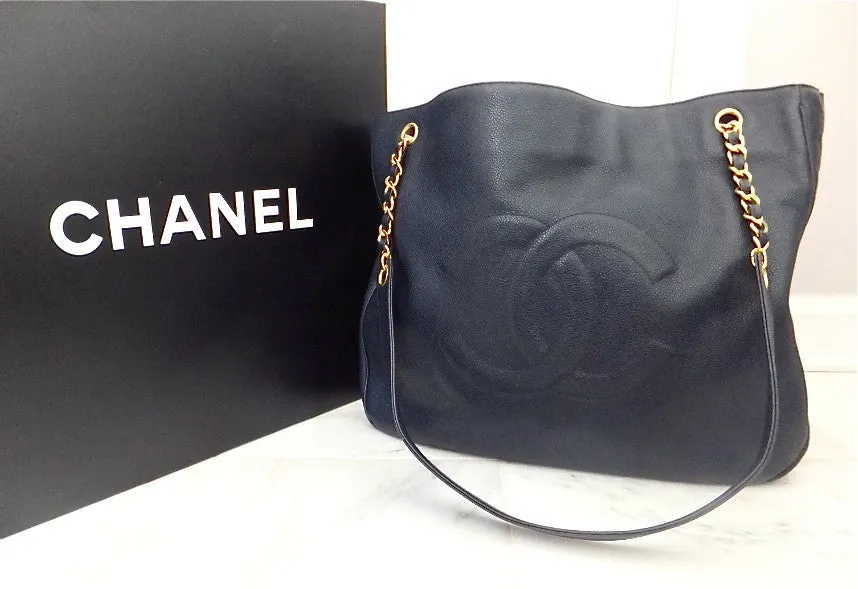 Authentic Chanel Vintage Navy Cavair Jumbo Tote