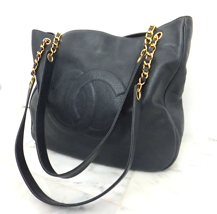 Authentic Chanel Vintage Navy Cavair Jumbo Tote