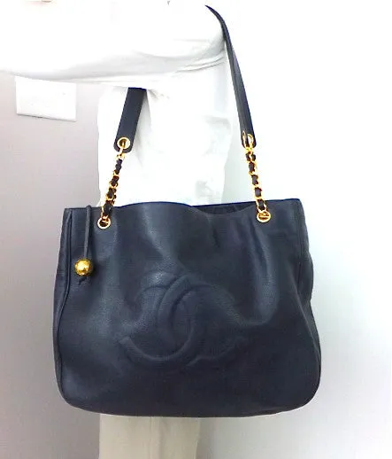 Authentic Chanel Vintage Navy Cavair Jumbo Tote