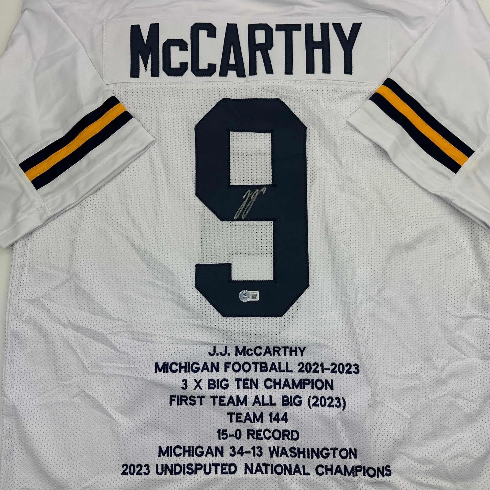 Autographed/Signed J.J. JJ McCarthy Michigan White Stat Jersey Beckett BAS COA