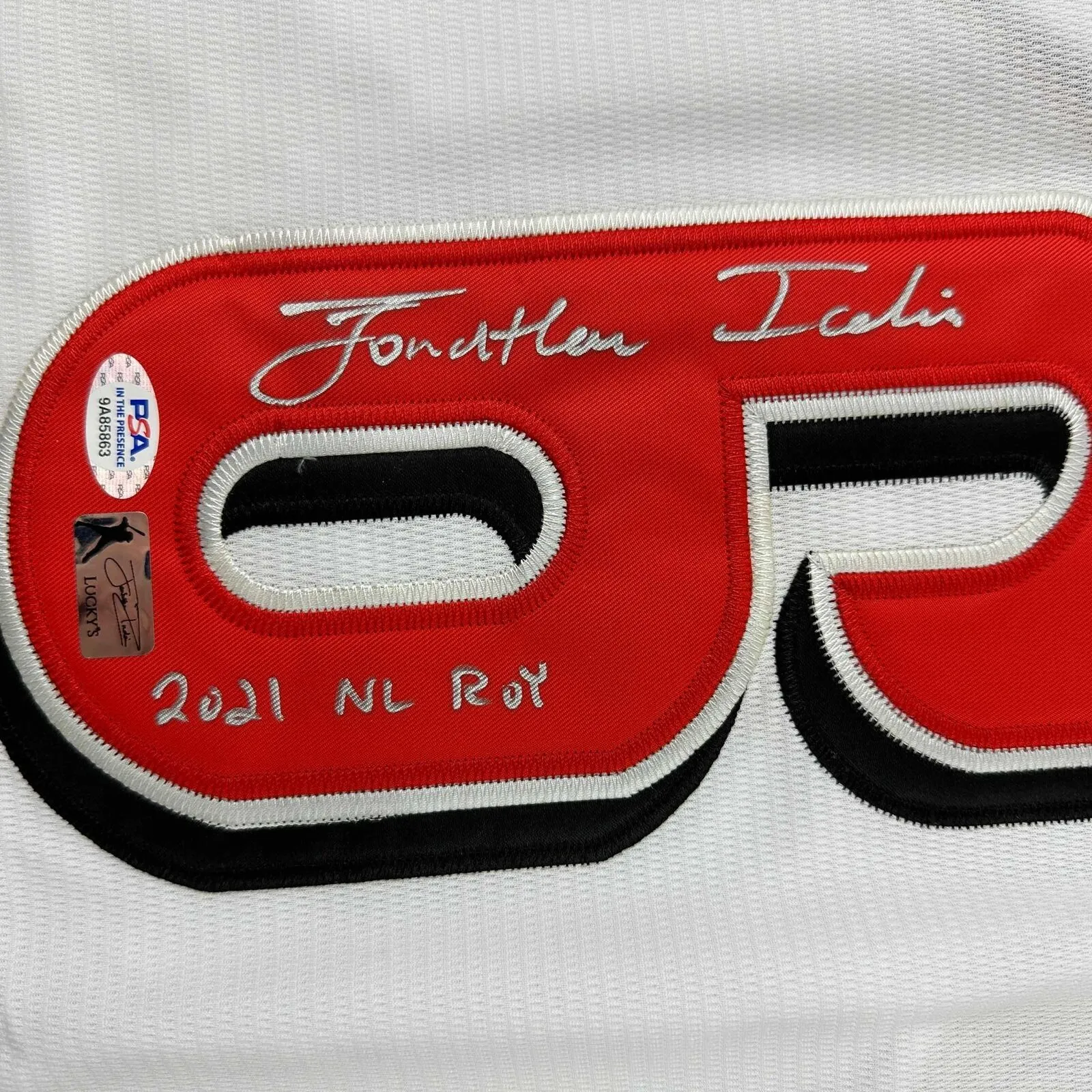 Autographed/Signed Jonathan India 2021 NL ROY Cincinnati White Jersey JSA COA