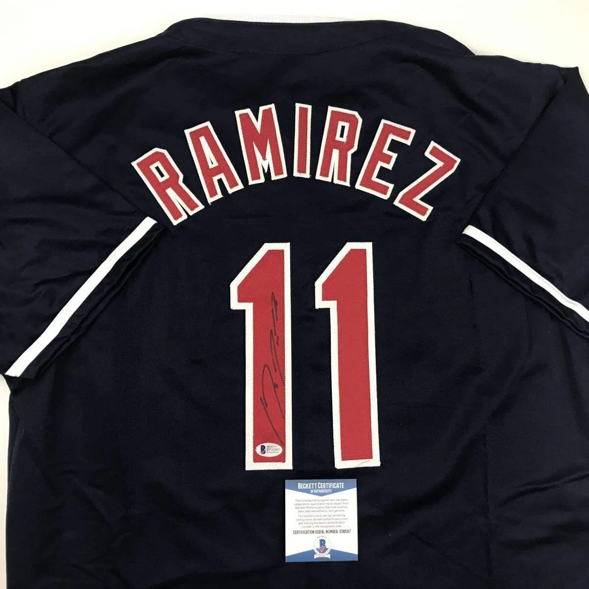 Autographed/Signed JOSE RAMIREZ Cleveland Blue Baseball Jersey Beckett BAS COA