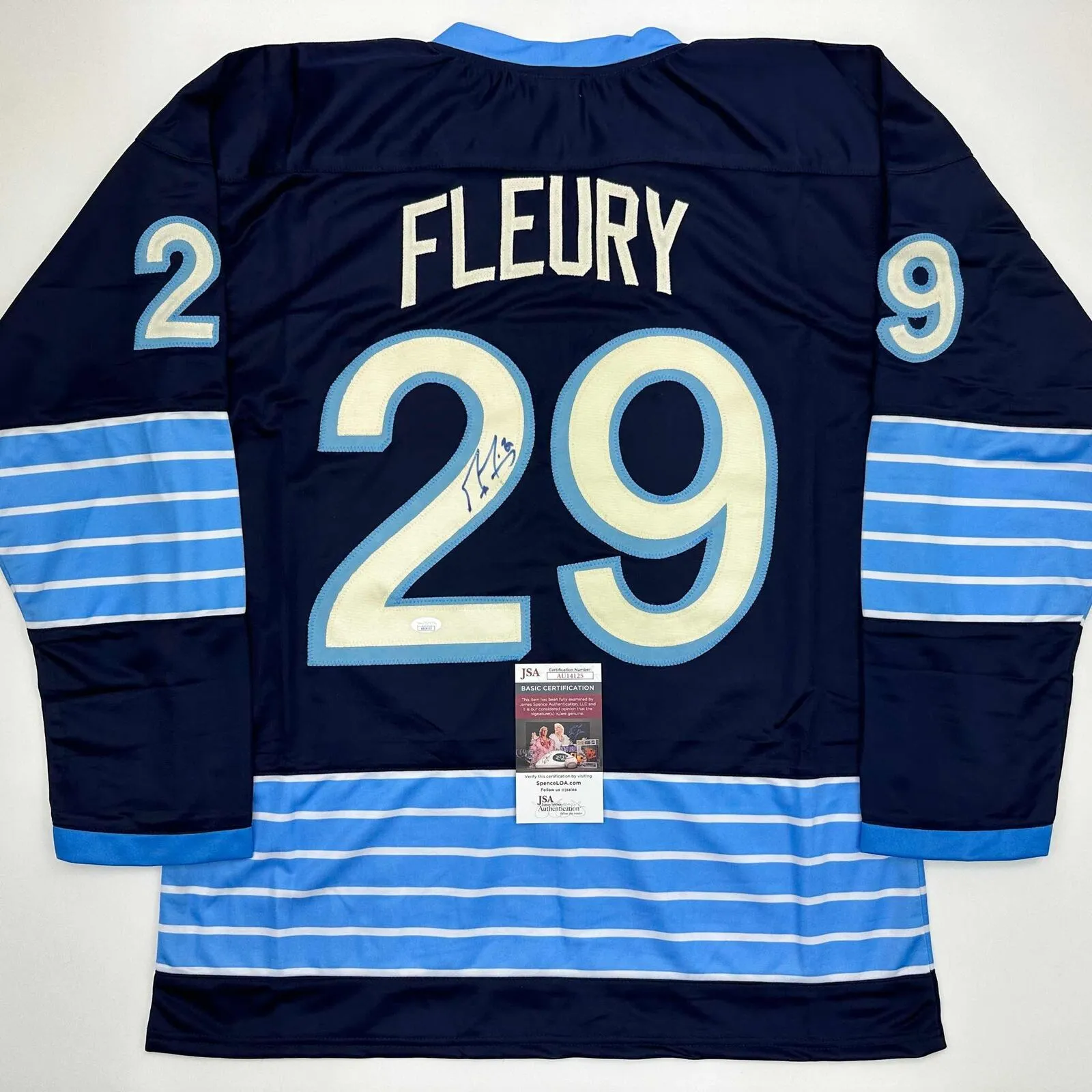 Autographed/Signed Marc-Andre Fleury Pittsburgh Blue WC Hockey Jersey JSA COA