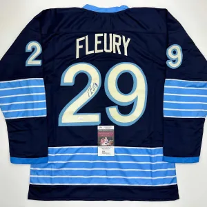 Autographed/Signed Marc-Andre Fleury Pittsburgh Blue WC Hockey Jersey JSA COA