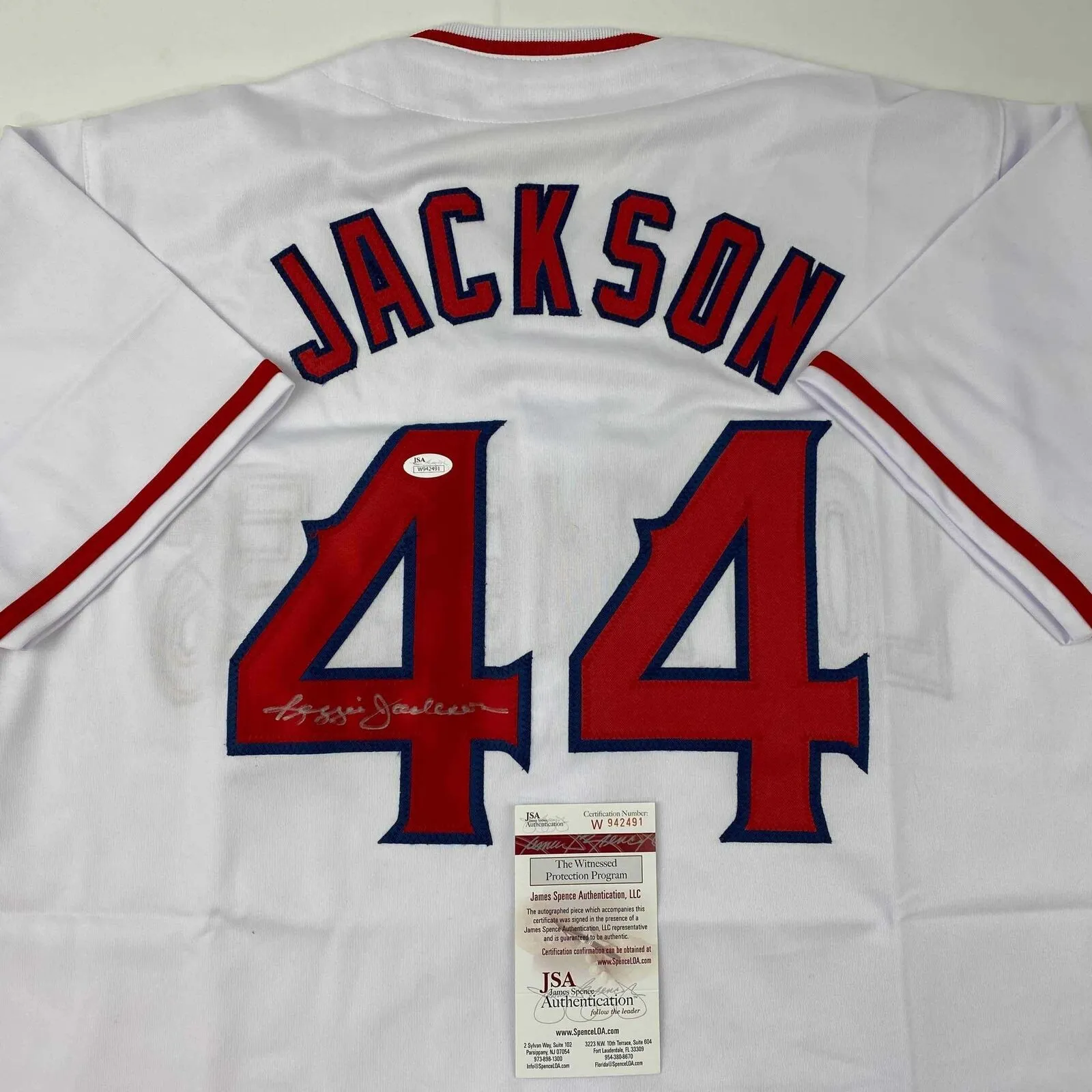 Autographed/Signed Reggie Jackson California Los Angeles White Jersey JSA COA