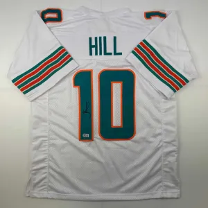 Autographed/Signed Tyreek Hill Miami White Football Jersey Beckett BAS COA