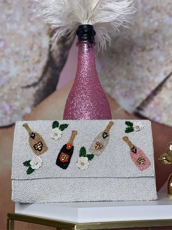 Beaded Purse Champagne Bottles, White