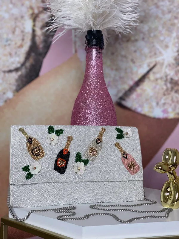 Beaded Purse Champagne Bottles, White