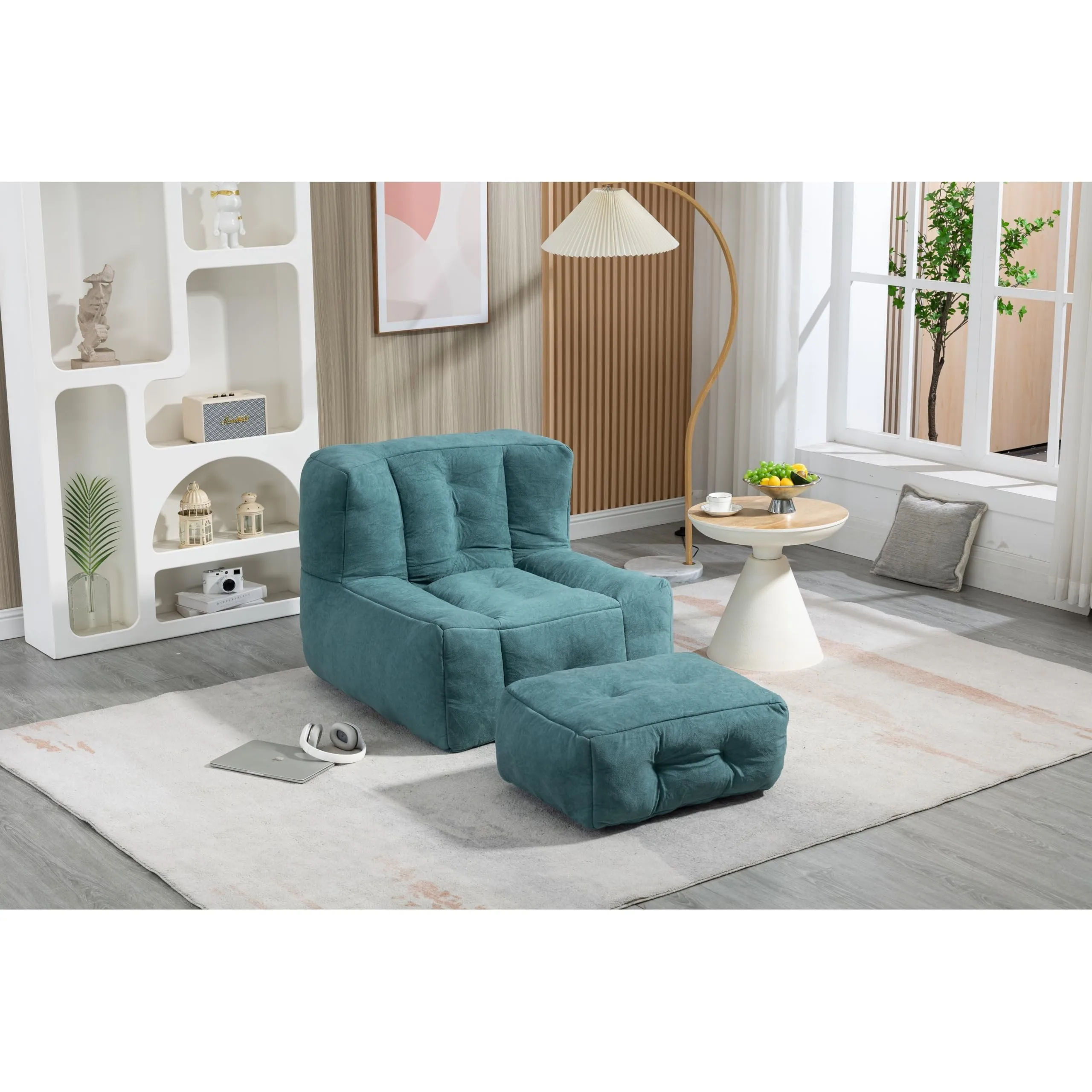 Bean Bag Chair Lazy Sofa with Memory Foam and Ottoman Green Modern