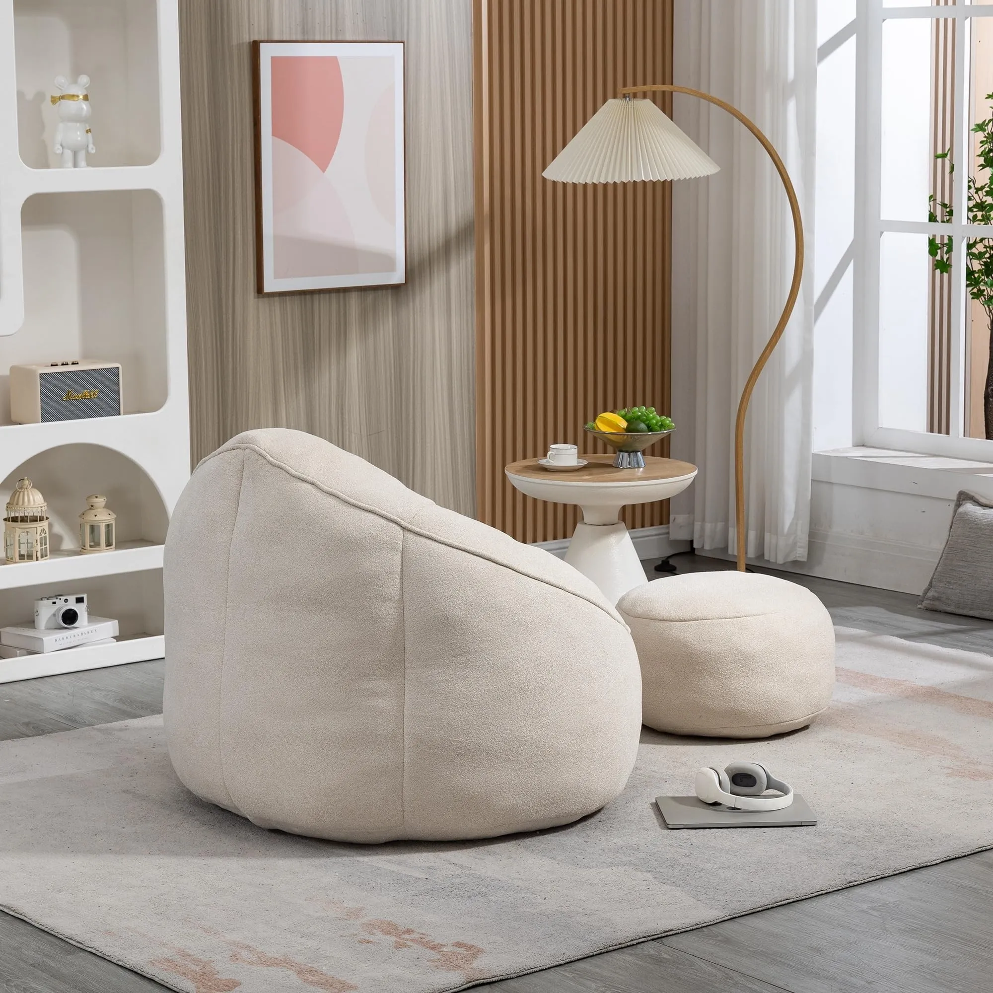 Bean Bag Sofa Chair High Pressure Foam with Ottomans Beige Solid