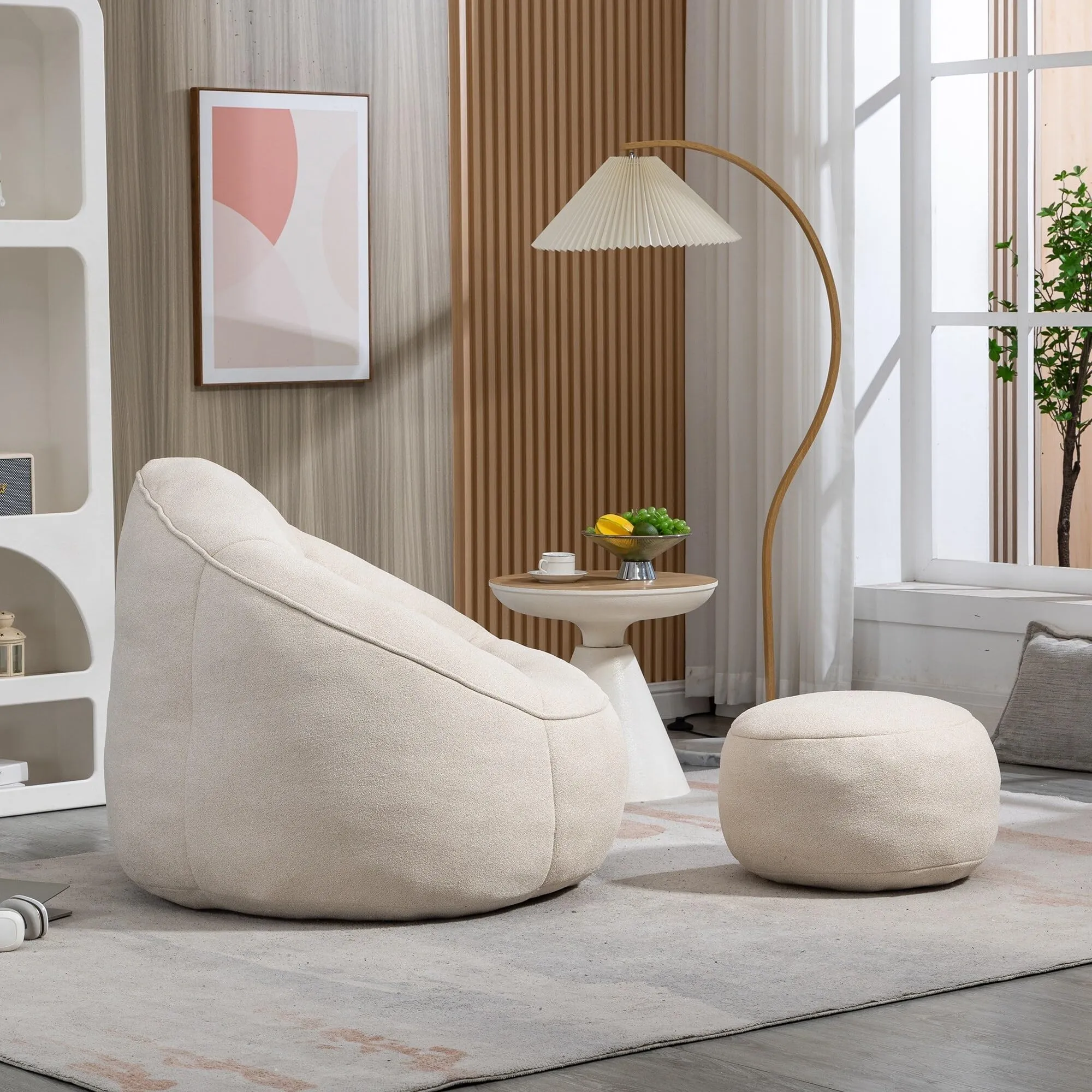 Bean Bag Sofa Chair High Pressure Foam with Ottomans Beige Solid