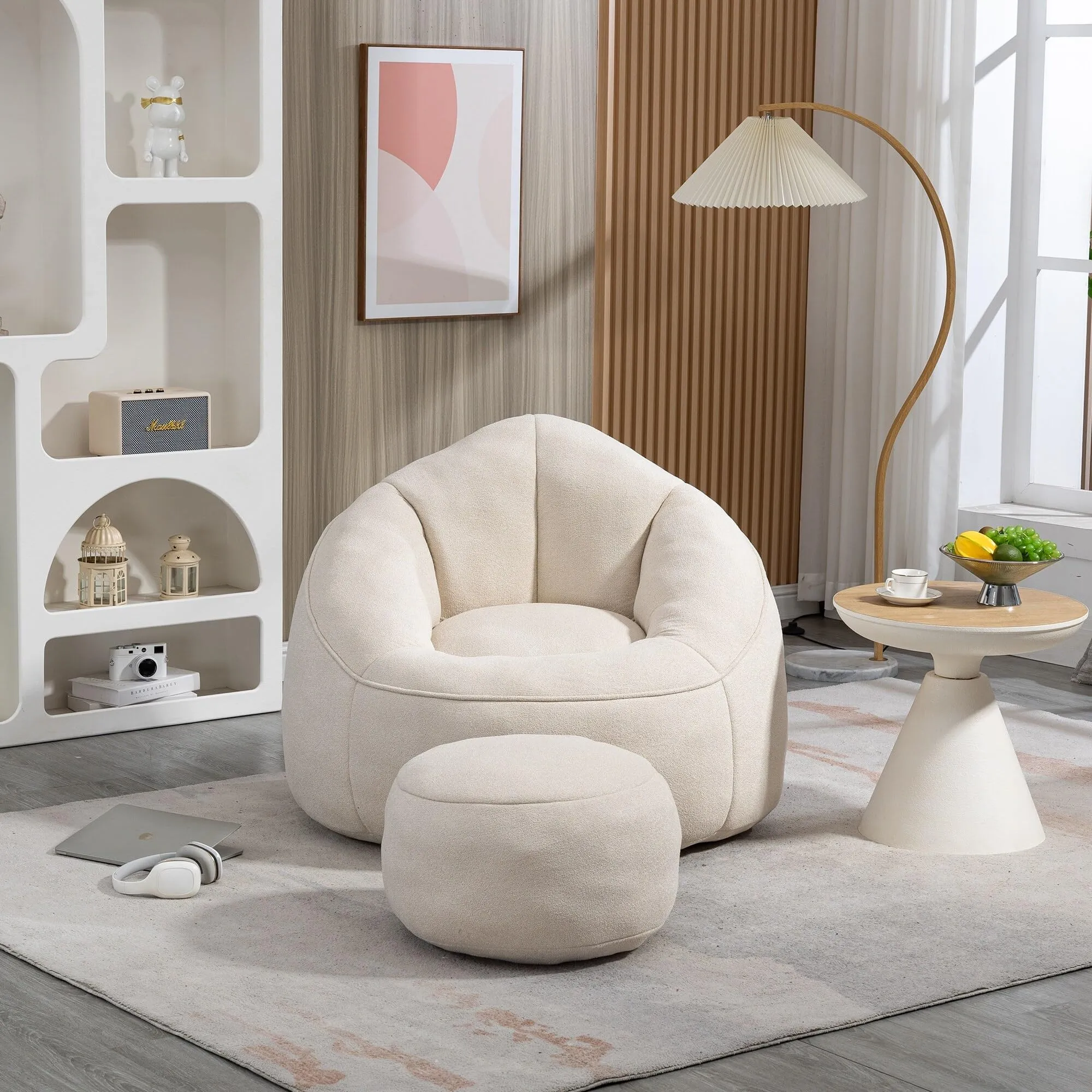 Bean Bag Sofa Chair High Pressure Foam with Ottomans Beige Solid