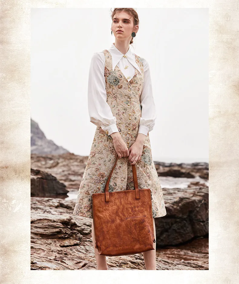 Best Brown Leather Womens Vertical Tote Handbag Handmade Vintage Tote Shoulder Purse for Ladies