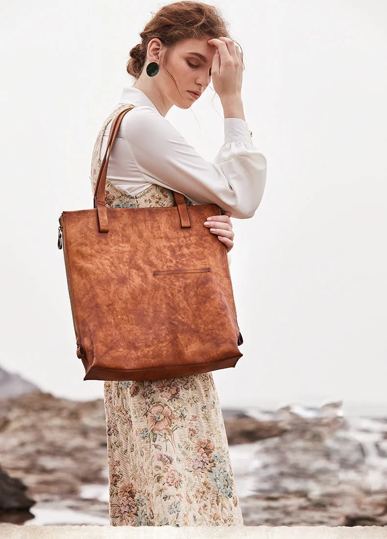 Best Brown Leather Womens Vertical Tote Handbag Handmade Vintage Tote Shoulder Purse for Ladies