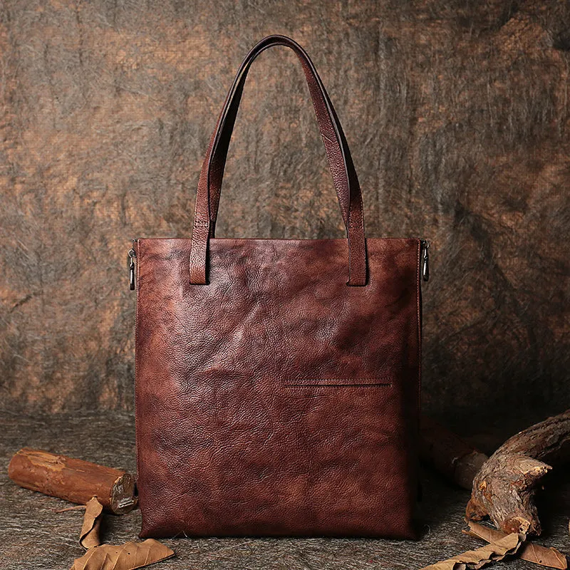 Best Brown Leather Womens Vertical Tote Handbag Handmade Vintage Tote Shoulder Purse for Ladies