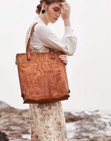 Best Brown Leather Womens Vertical Tote Handbag Handmade Vintage Tote Shoulder Purse for Ladies