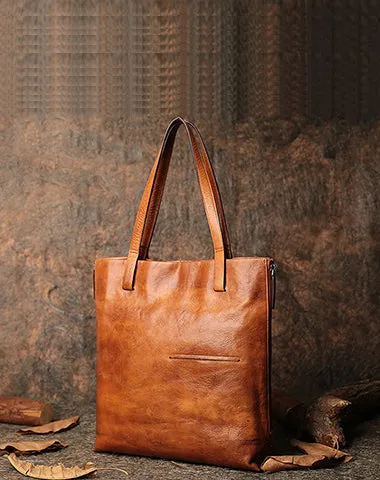 Best Brown Leather Womens Vertical Tote Handbag Handmade Vintage Tote Shoulder Purse for Ladies