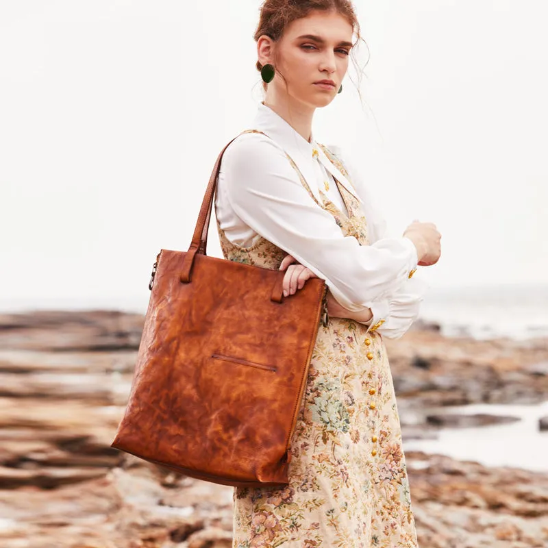 Best Brown Leather Womens Vertical Tote Handbag Handmade Vintage Tote Shoulder Purse for Ladies