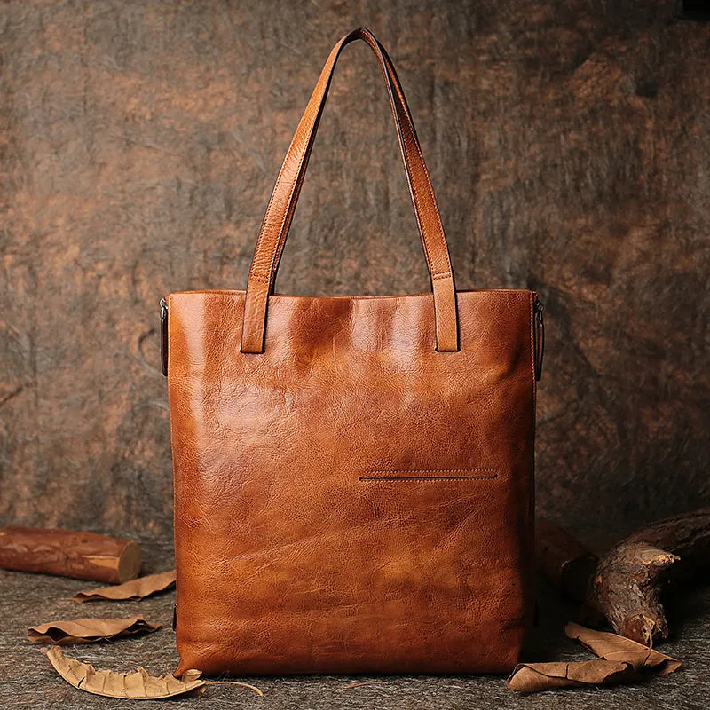 Best Brown Leather Womens Vertical Tote Handbag Handmade Vintage Tote Shoulder Purse for Ladies