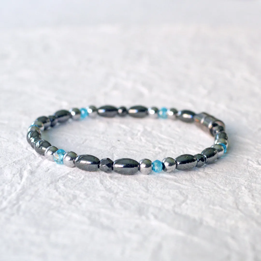 Black & Silver Hematite Magnetic Bracelet for Pain with Blue Crystal