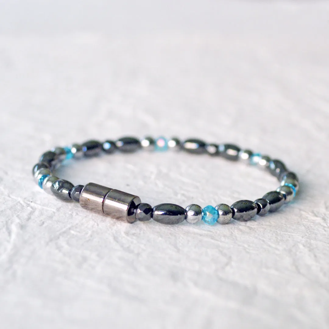 Black & Silver Hematite Magnetic Bracelet for Pain with Blue Crystal
