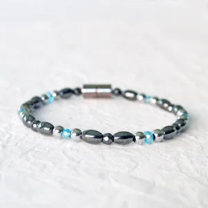Black & Silver Hematite Magnetic Bracelet for Pain with Blue Crystal
