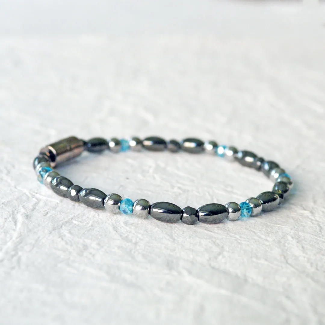 Black & Silver Hematite Magnetic Bracelet for Pain with Blue Crystal