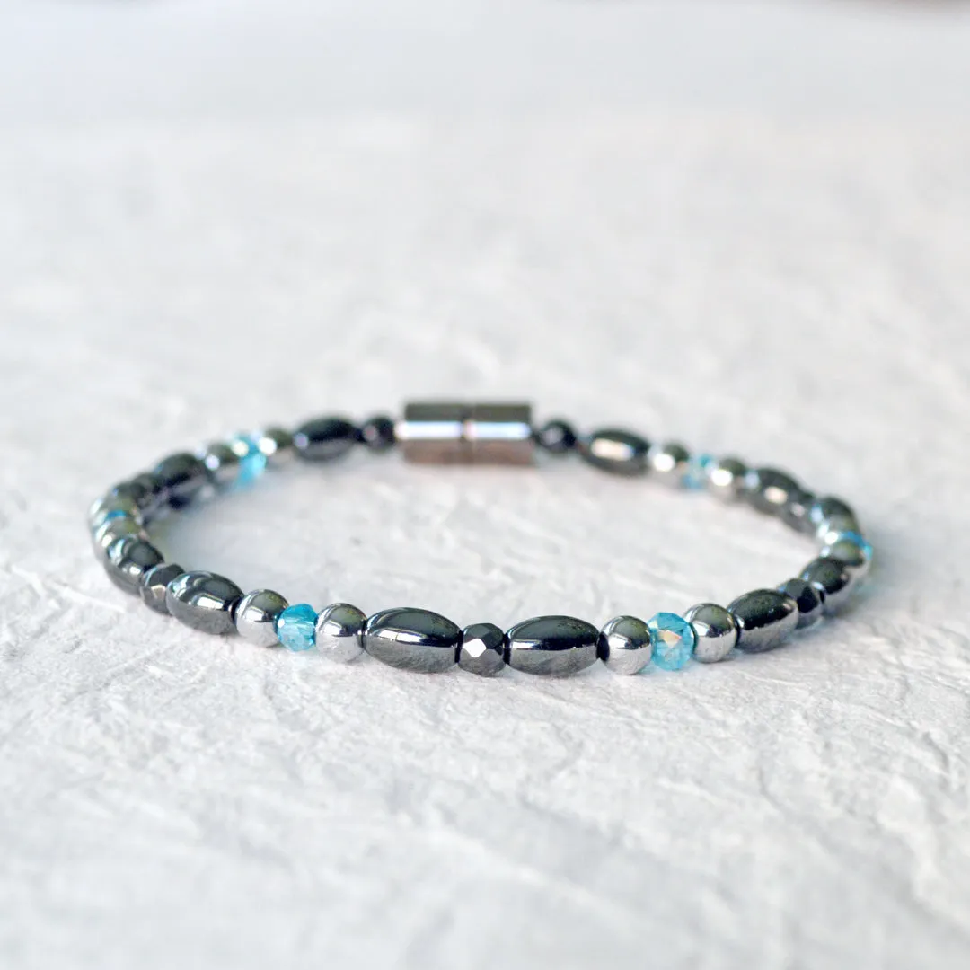 Black & Silver Hematite Magnetic Bracelet for Pain with Blue Crystal