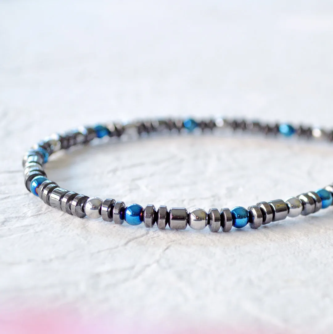 Black, Blue & Silver Hematite Magnetic Necklace for Pain
