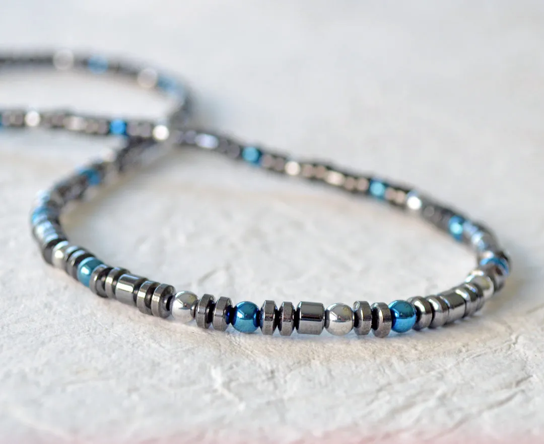 Black, Blue & Silver Hematite Magnetic Necklace for Pain
