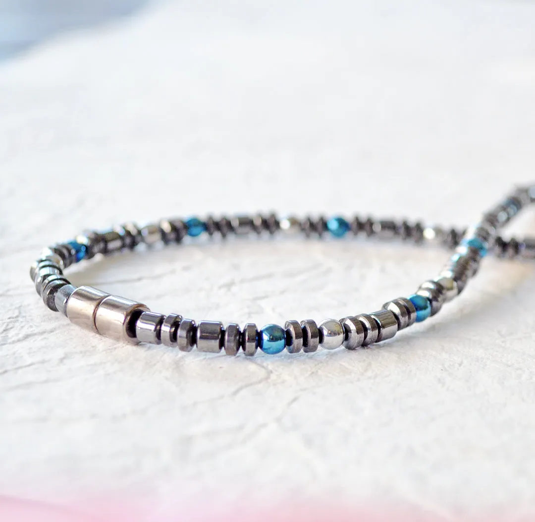 Black, Blue & Silver Hematite Magnetic Necklace for Pain