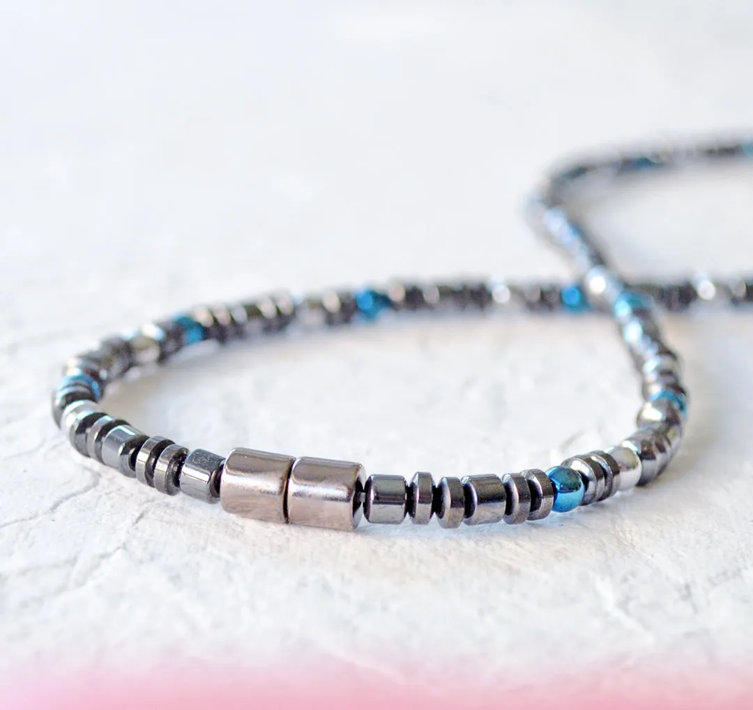 Black, Blue & Silver Hematite Magnetic Necklace for Pain