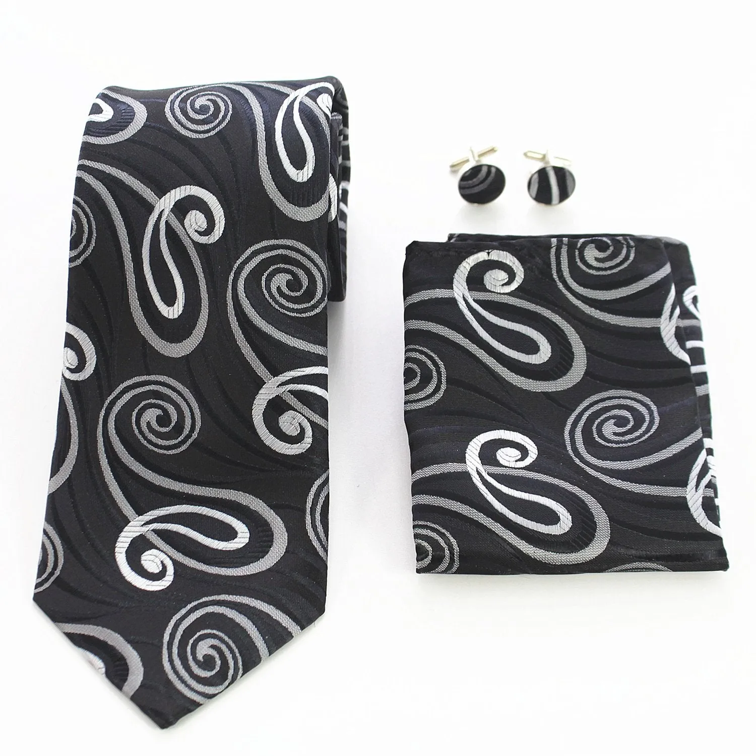 Black Color White Paisley Designer Silk Floral Necktie with Matching Cufflinks & Pocket Square Set for Men