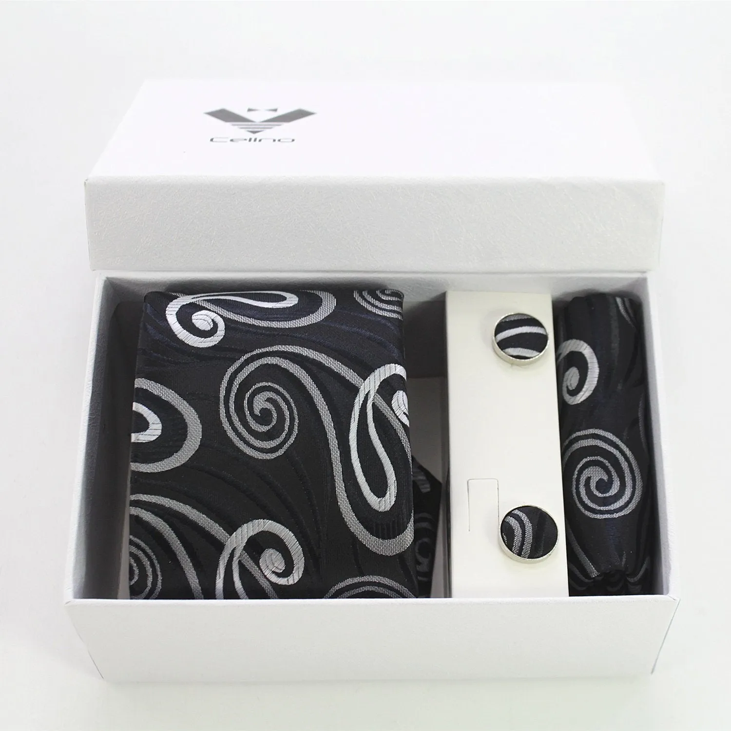 Black Color White Paisley Designer Silk Floral Necktie with Matching Cufflinks & Pocket Square Set for Men