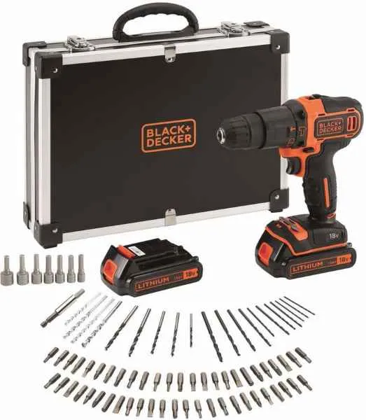 Black   Decker 18V Cordless Hammer Drill   80 Accessories   Metal Case BDCHD18BAFC