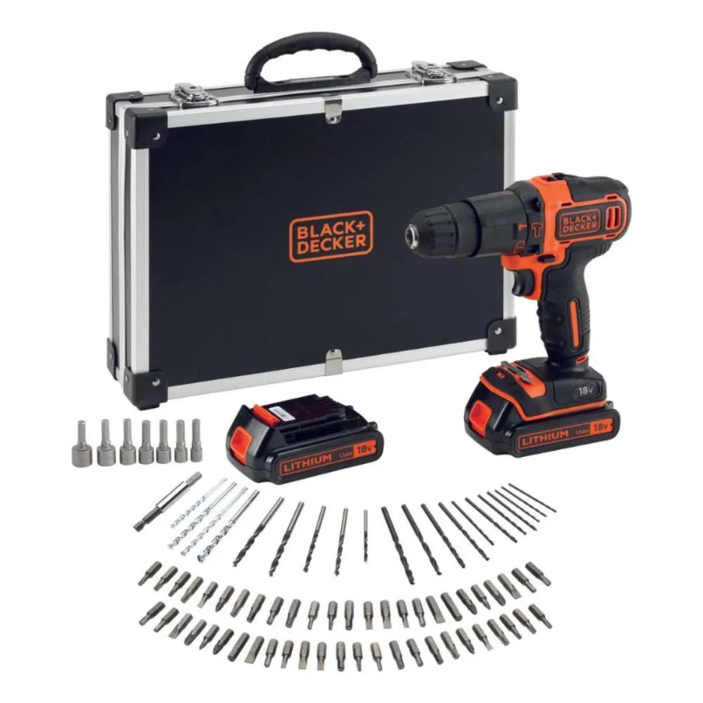Black   Decker 18V Cordless Hammer Drill   80 Accessories   Metal Case BDCHD18BAFC