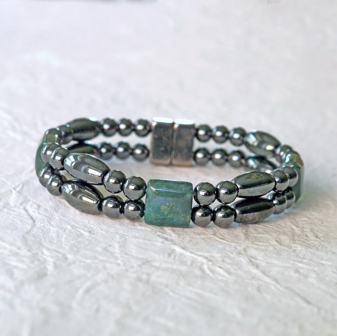 Black Hematite & Green Moss Agate Two Strand Magnetic Bracelet