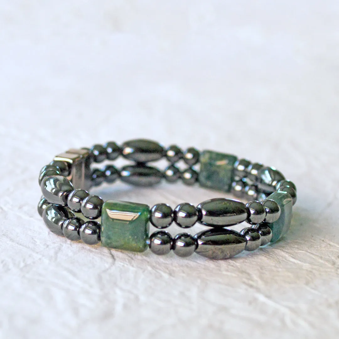 Black Hematite & Green Moss Agate Two Strand Magnetic Bracelet