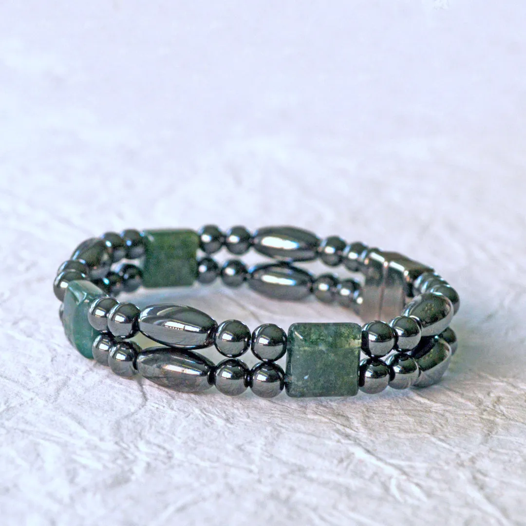 Black Hematite & Green Moss Agate Two Strand Magnetic Bracelet