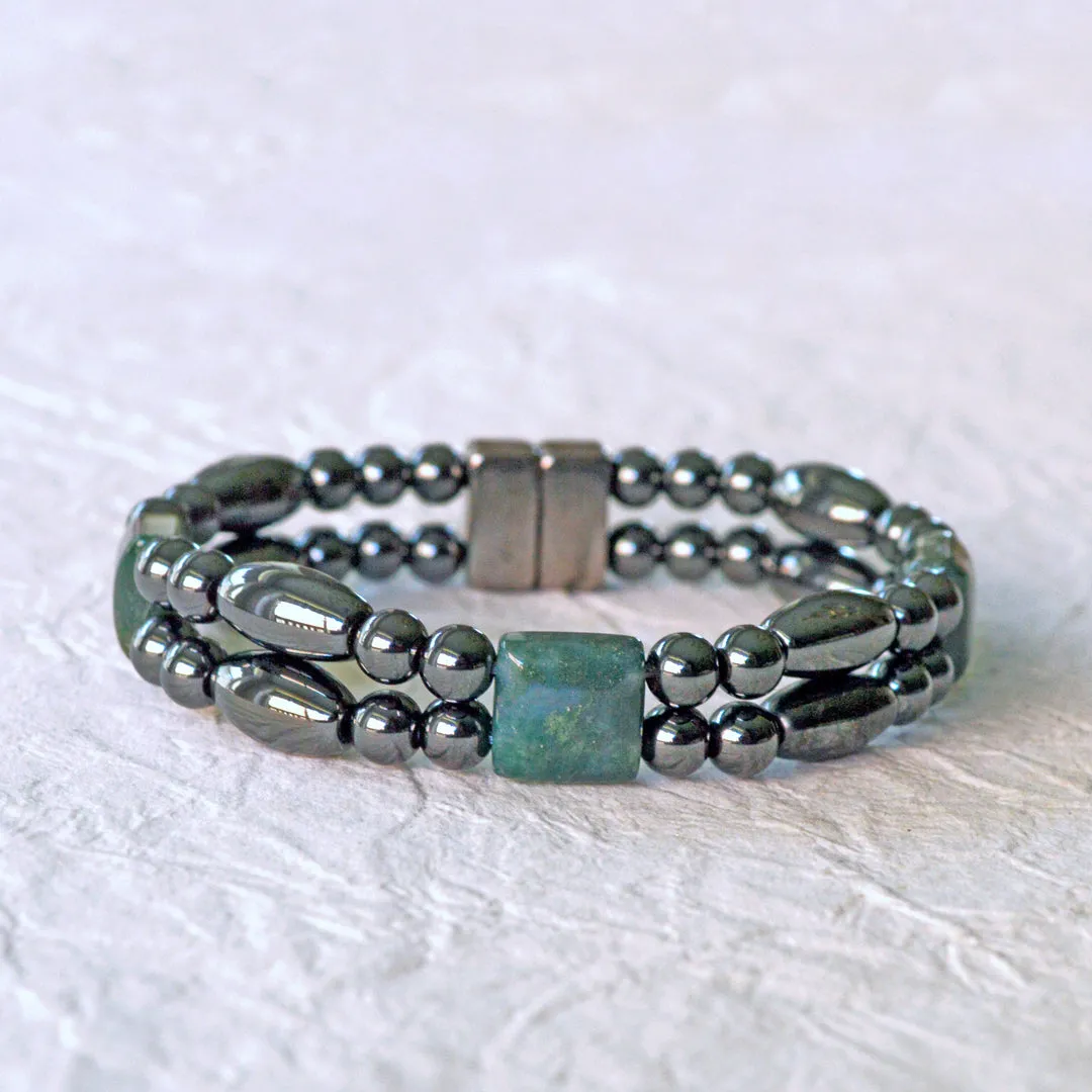 Black Hematite & Green Moss Agate Two Strand Magnetic Bracelet
