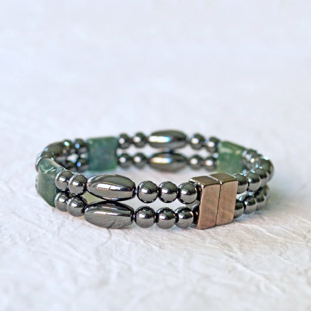 Black Hematite & Green Moss Agate Two Strand Magnetic Bracelet