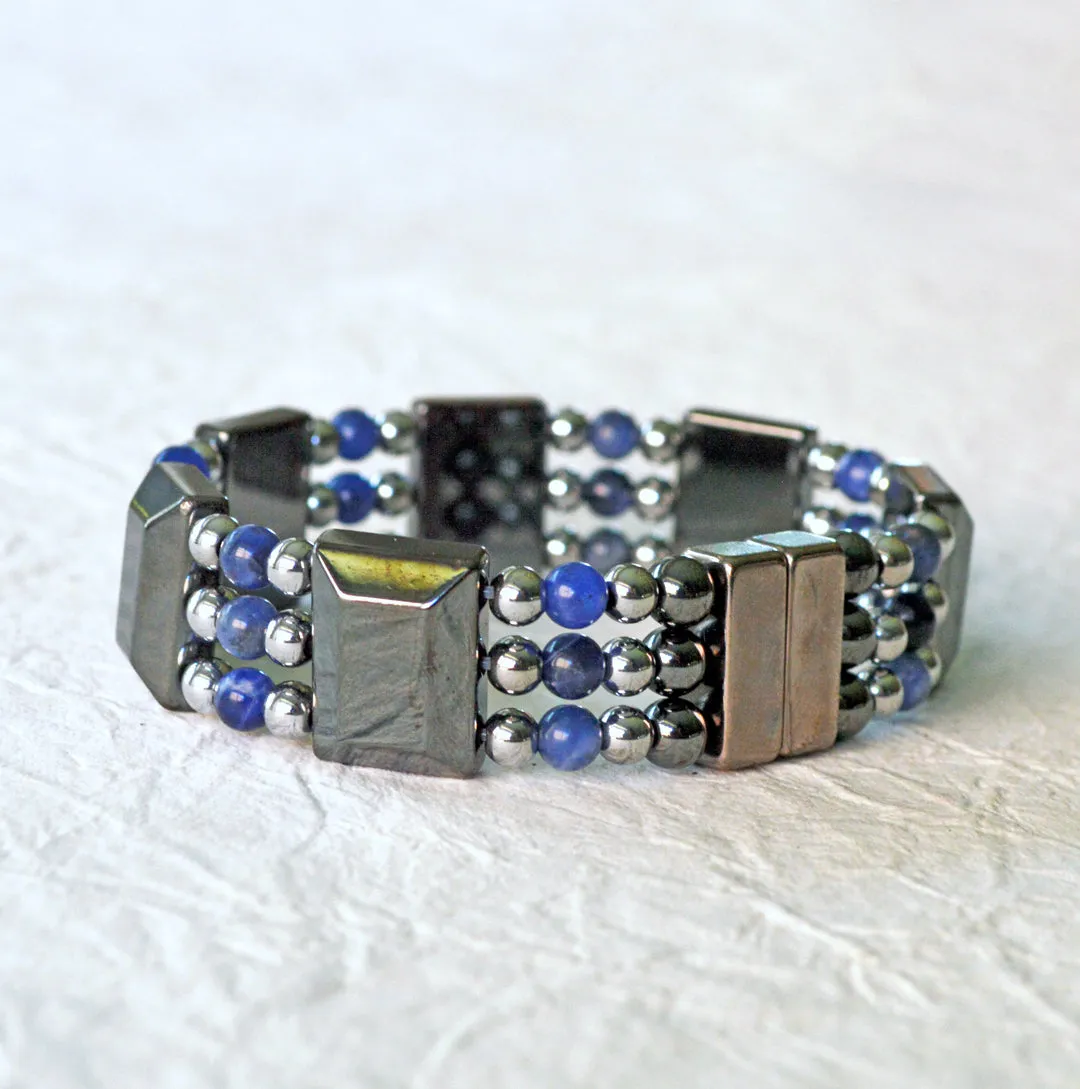 Black Hematite & Sodalite Gemstone Triple Strand Magnetic Bracelet