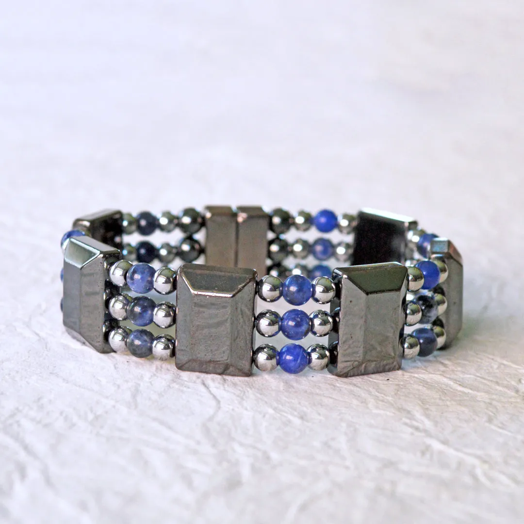 Black Hematite & Sodalite Gemstone Triple Strand Magnetic Bracelet