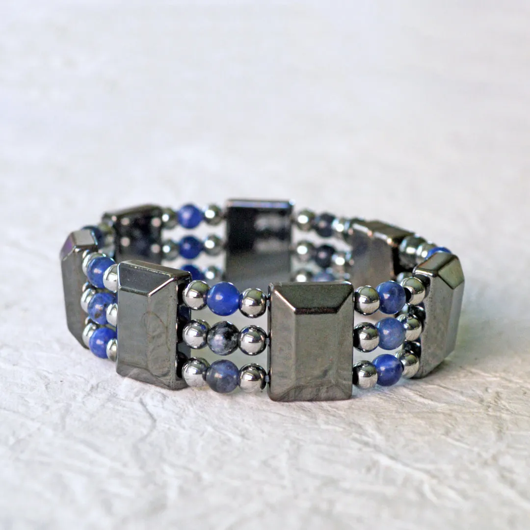Black Hematite & Sodalite Gemstone Triple Strand Magnetic Bracelet