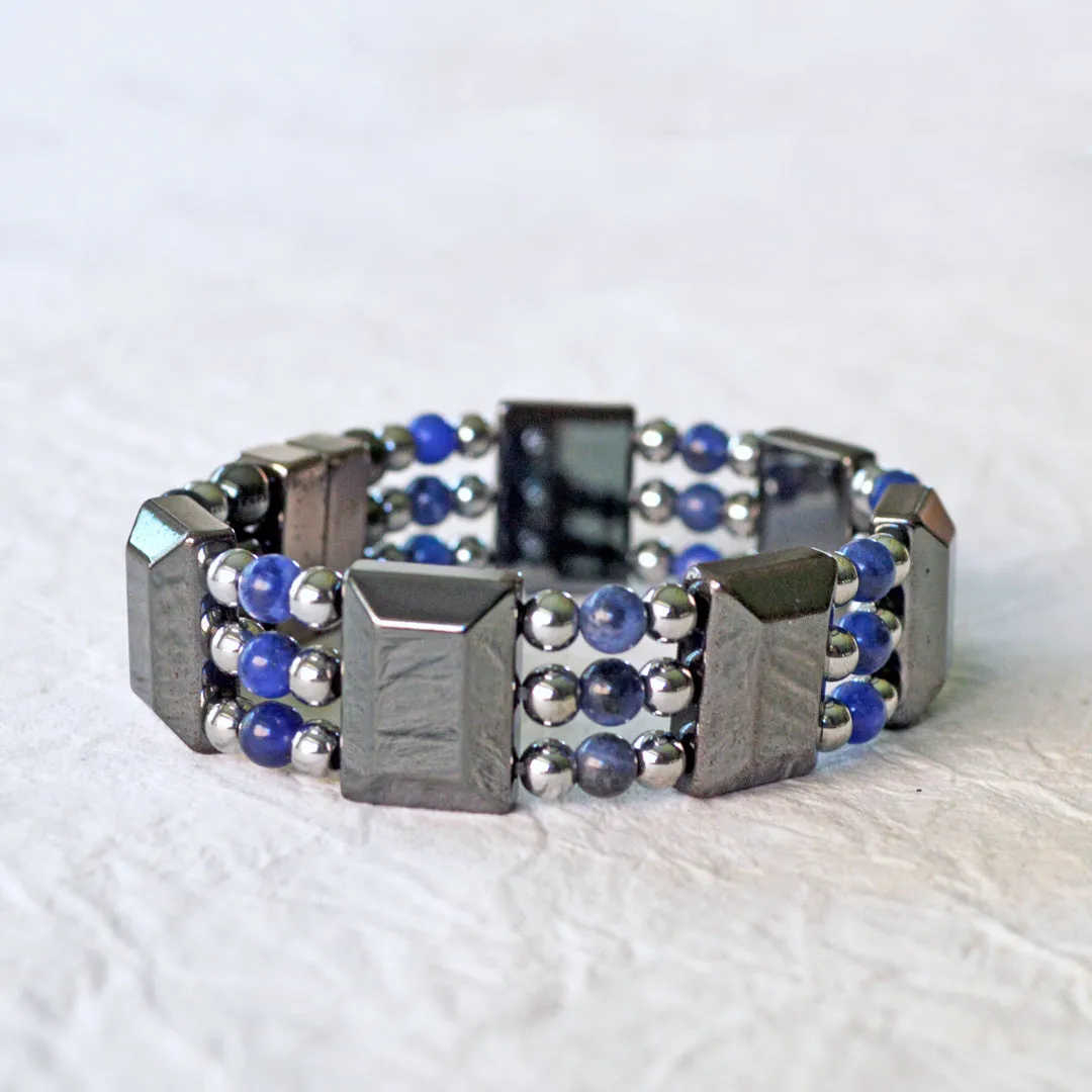 Black Hematite & Sodalite Gemstone Triple Strand Magnetic Bracelet