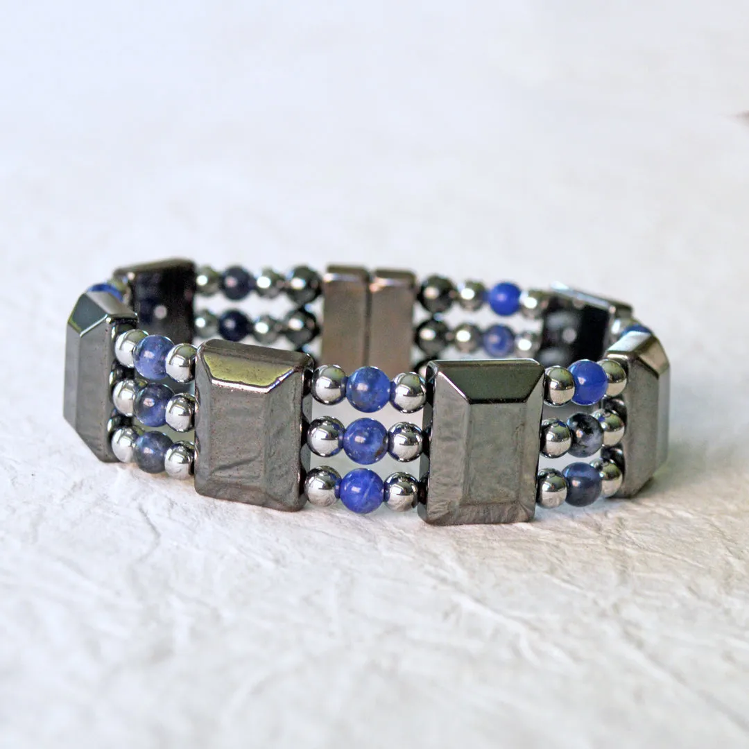 Black Hematite & Sodalite Gemstone Triple Strand Magnetic Bracelet
