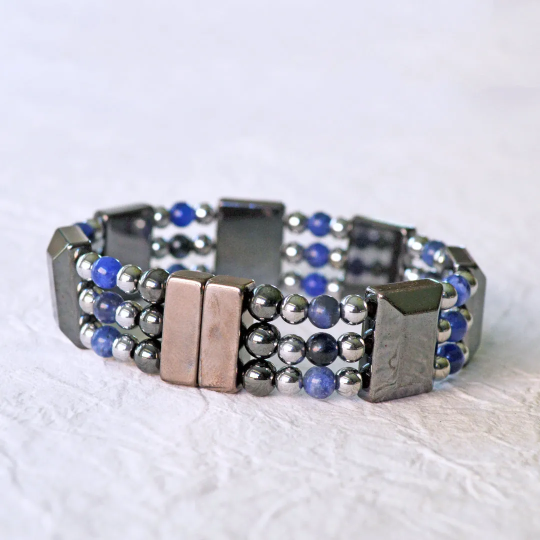 Black Hematite & Sodalite Gemstone Triple Strand Magnetic Bracelet