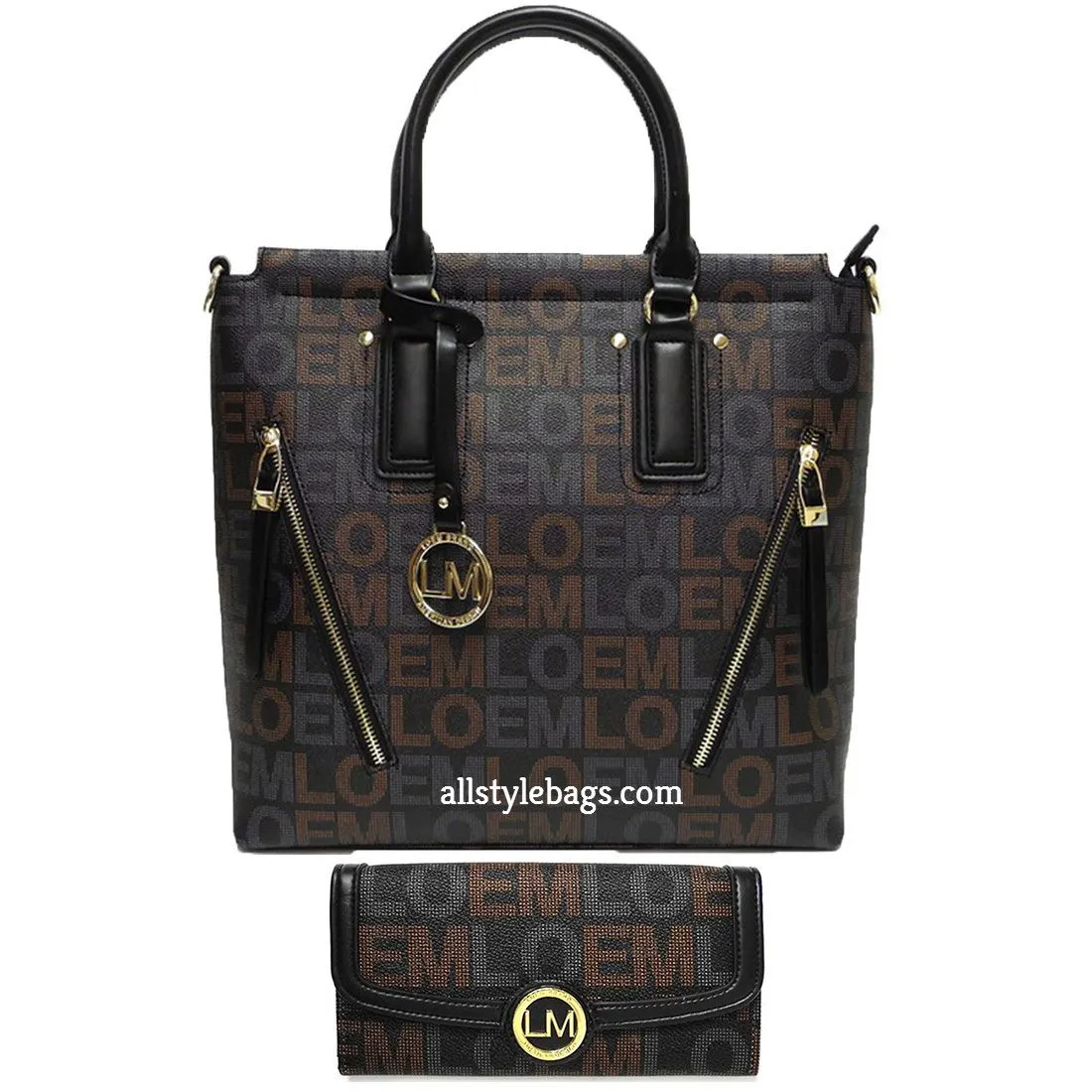 Black LOEM signature shoulder Bag tote handbag wallet set zipper pockets