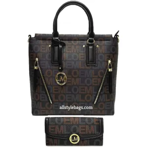 Black LOEM signature shoulder Bag tote handbag wallet set zipper pockets