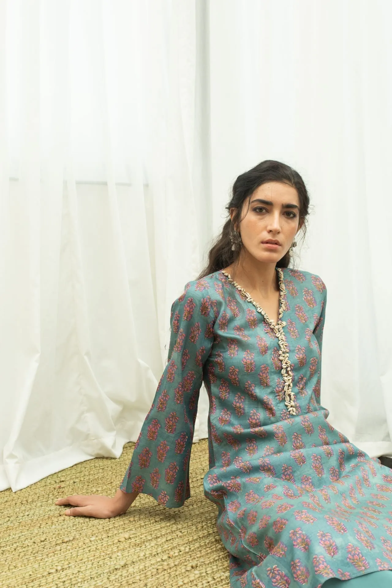 Block Printed Tussar Silk Kurta